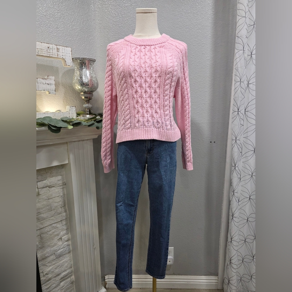 Pink Cable Knit Sweater and Denim Jeans Outfit